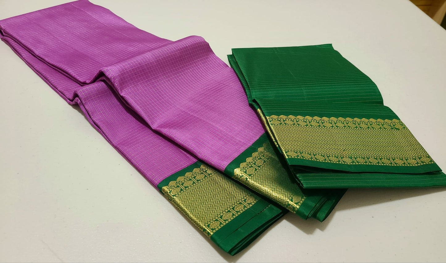 Lilac/bottlegreen Zari checks korvai