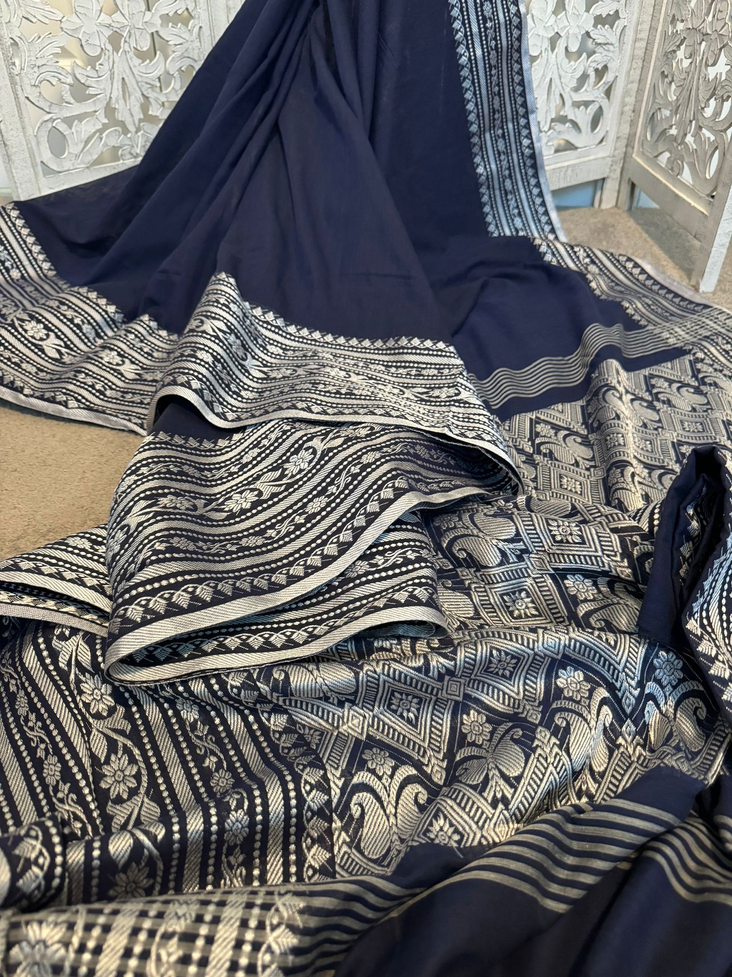 Navy Blue Assamese Linen Silver Zari