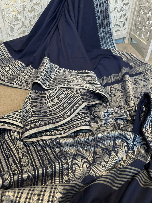 Navy Blue Assamese Linen Silver Zari