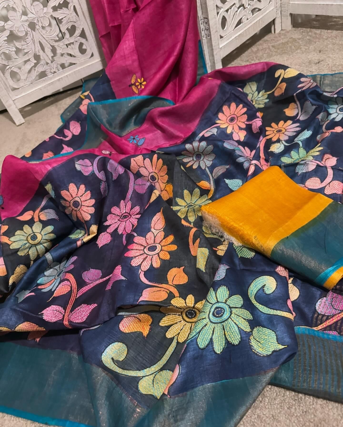 Pink/Navy blue Kantha embroidery in Pure Silk