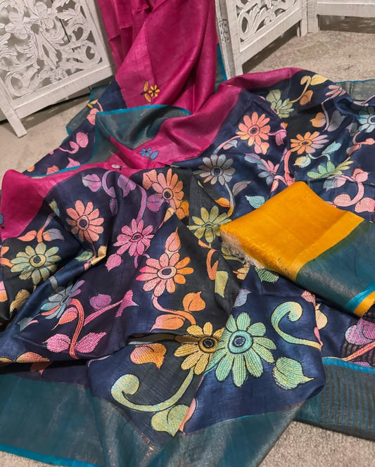 Pink/Navy blue Kantha embroidery in Pure Silk