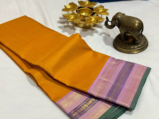 Golden mustard with lavender Zari checks korvai