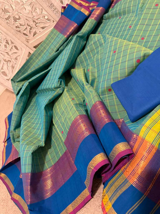 Sea blue / magenta checks with buttas Kanchi Cotton