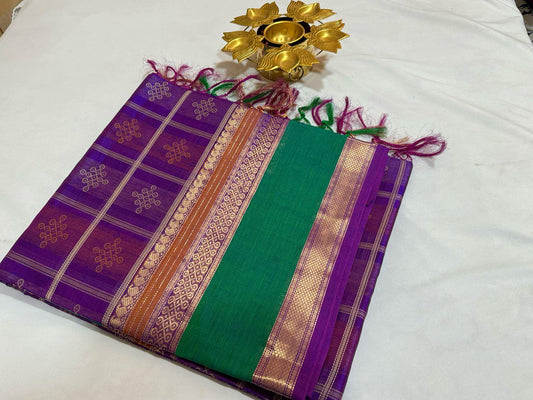 Purple with green rettapate checks & kolam buttas
