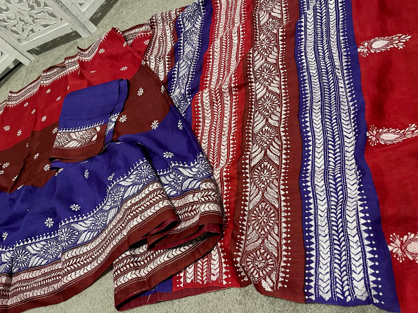 Pure silk with kantha embroidery Red / brown / purple