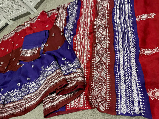 Pure silk with kantha embroidery Red / brown / purple
