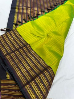 Green yellow dual tone carpet checks with brown korvai