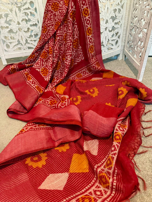 Hand Painted Georgette Linen Handloom Maroon