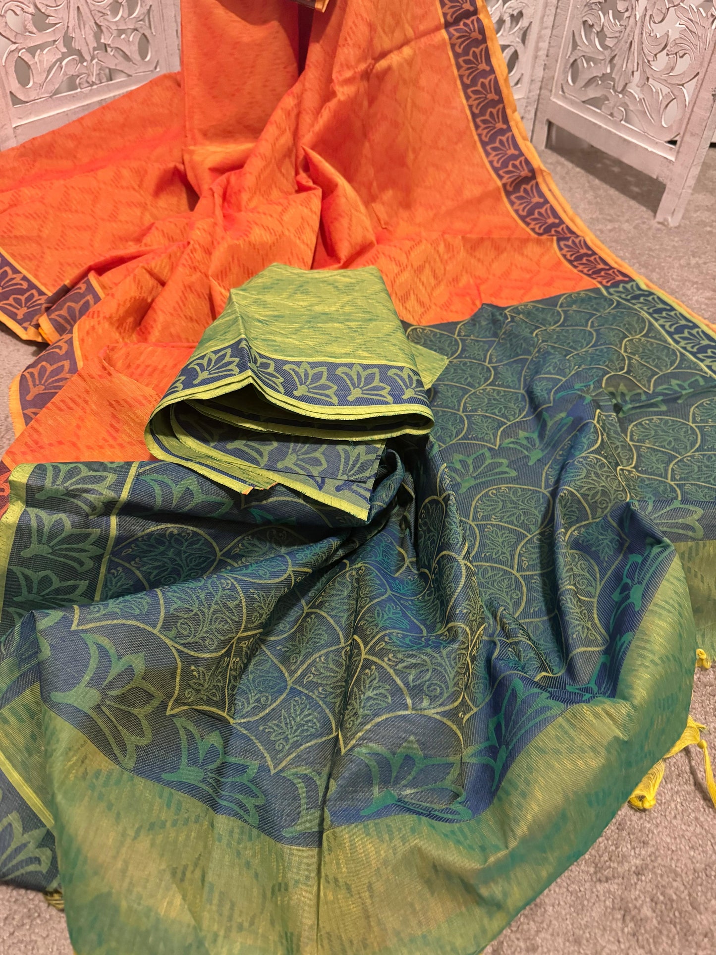 Orange / Emerald green linen Chanderi