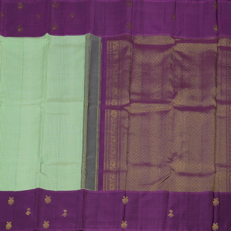 Pista green muted checks with plum purple border korvai