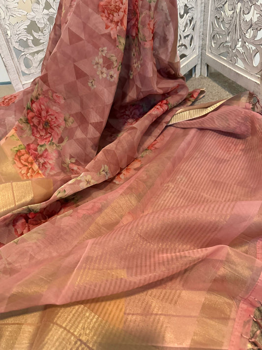 Floral pure silk organza dual tone peach / pink