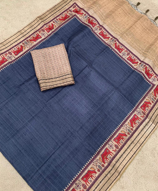 Greyish blue Jute tussar fusion
