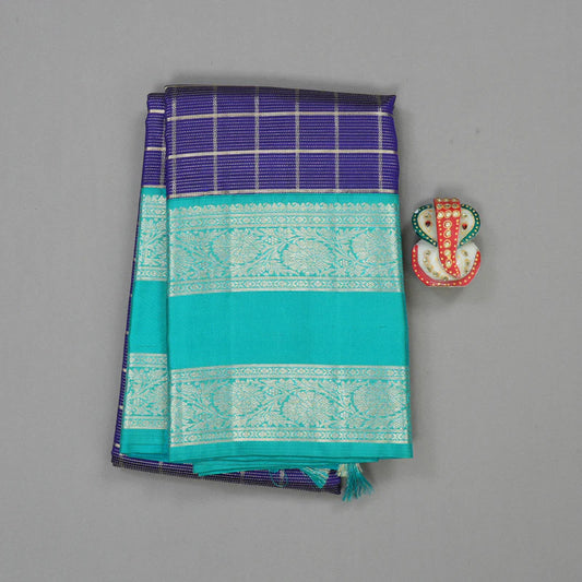 Royal blue Zari small checks neli vangi / teal rettapate