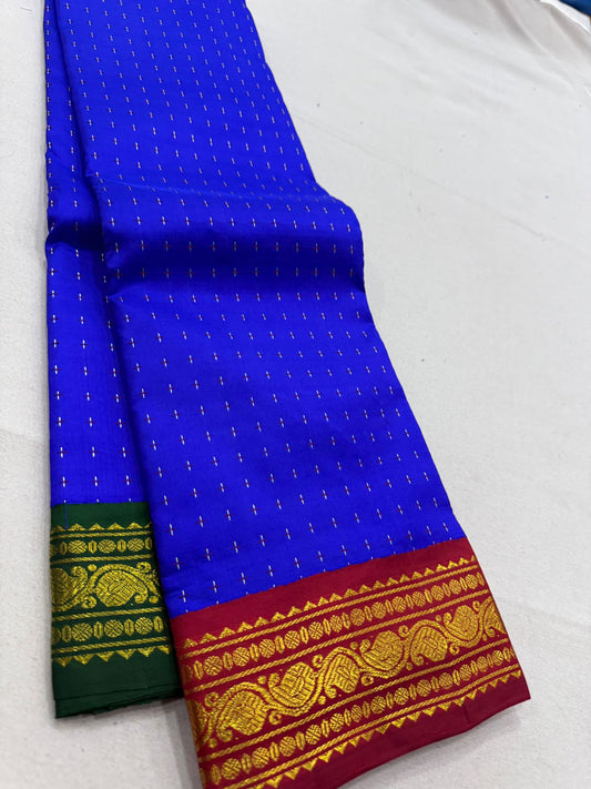 Karuneelam Red Green Ganga Jamuna plus thread buttas korvai