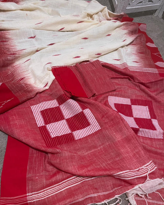 Assamese linen cream / red