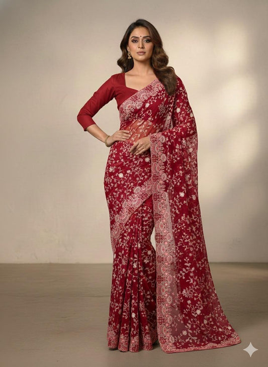 Chikkankari on Pure Mashru Crepe - Red