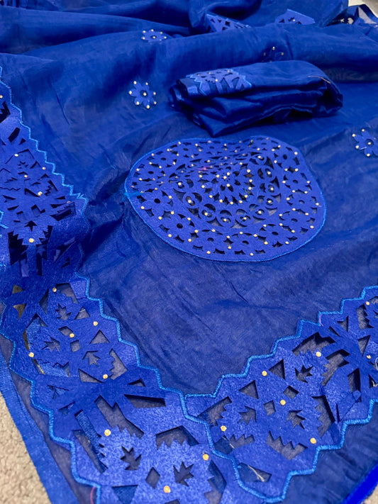 Deep Blue cut work applique on soft linen