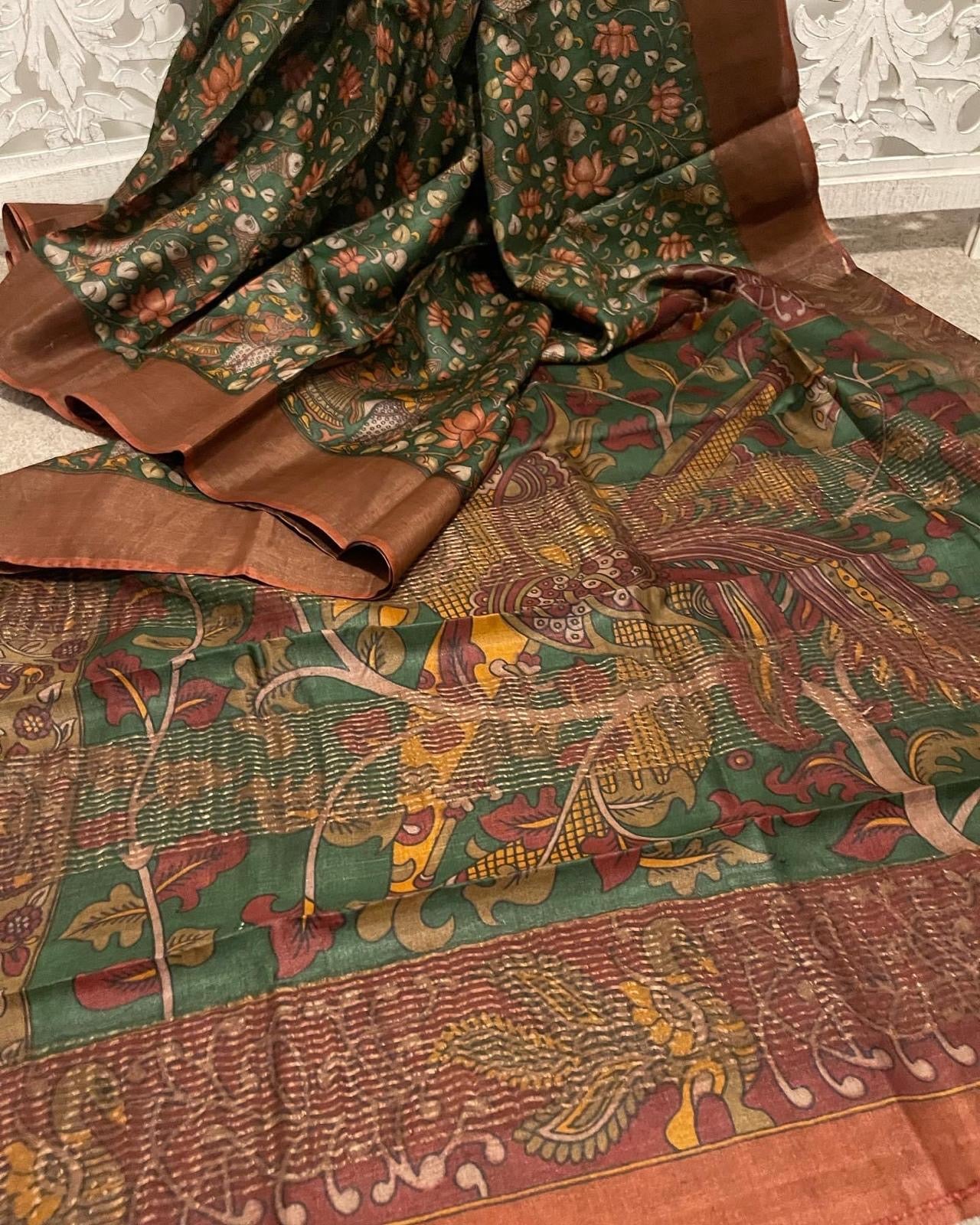Tussar silk green kalamkari design