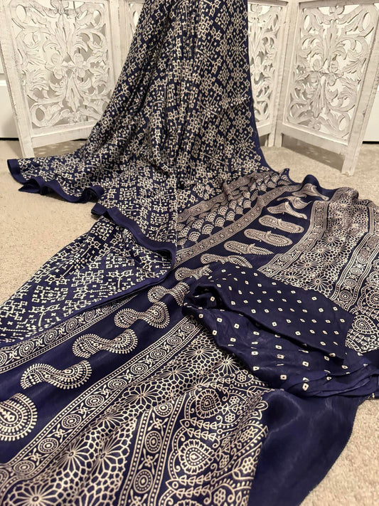 Ajrakh on pure mashru silk - Navy Blue