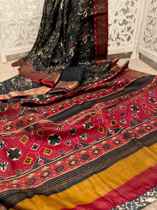Pure Tussar silk with Zari border black / gold burnt red