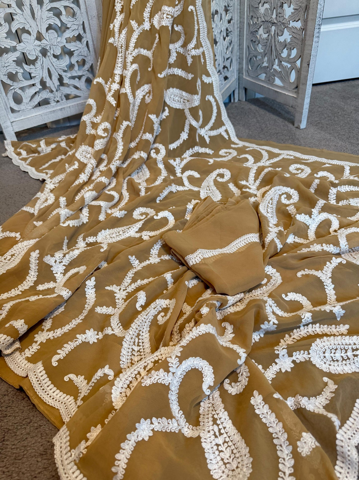 Kashmiri embroidery in crepe- Brown
