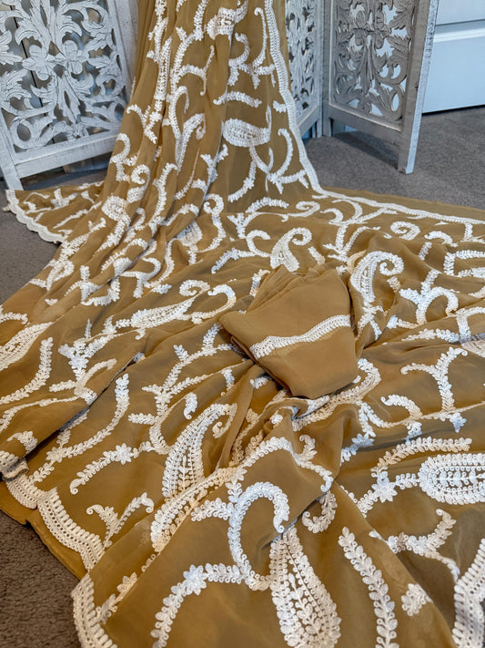 Kashmiri embroidery in crepe- Brown