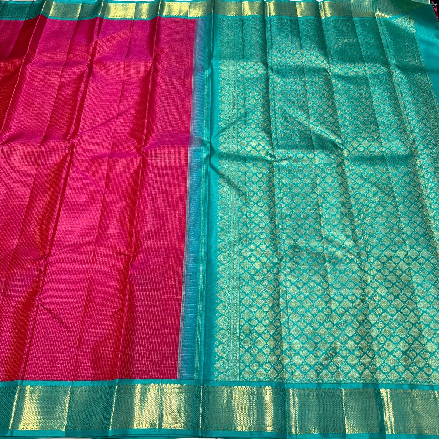 Tomato Pink / Turquoise blue vairaoosi Zari podikattam