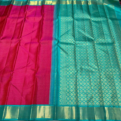 Tomato Pink / Turquoise blue vairaoosi Zari podikattam