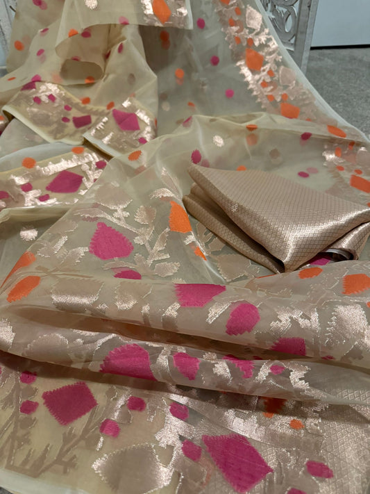 Pure Tissue Muslin Jamdhani Cream
