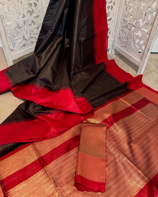 Black / maroon buttas / checks Matka Tussar