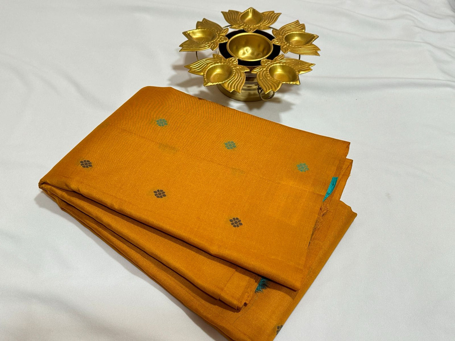 Mustard with elephant / blue double color pallu