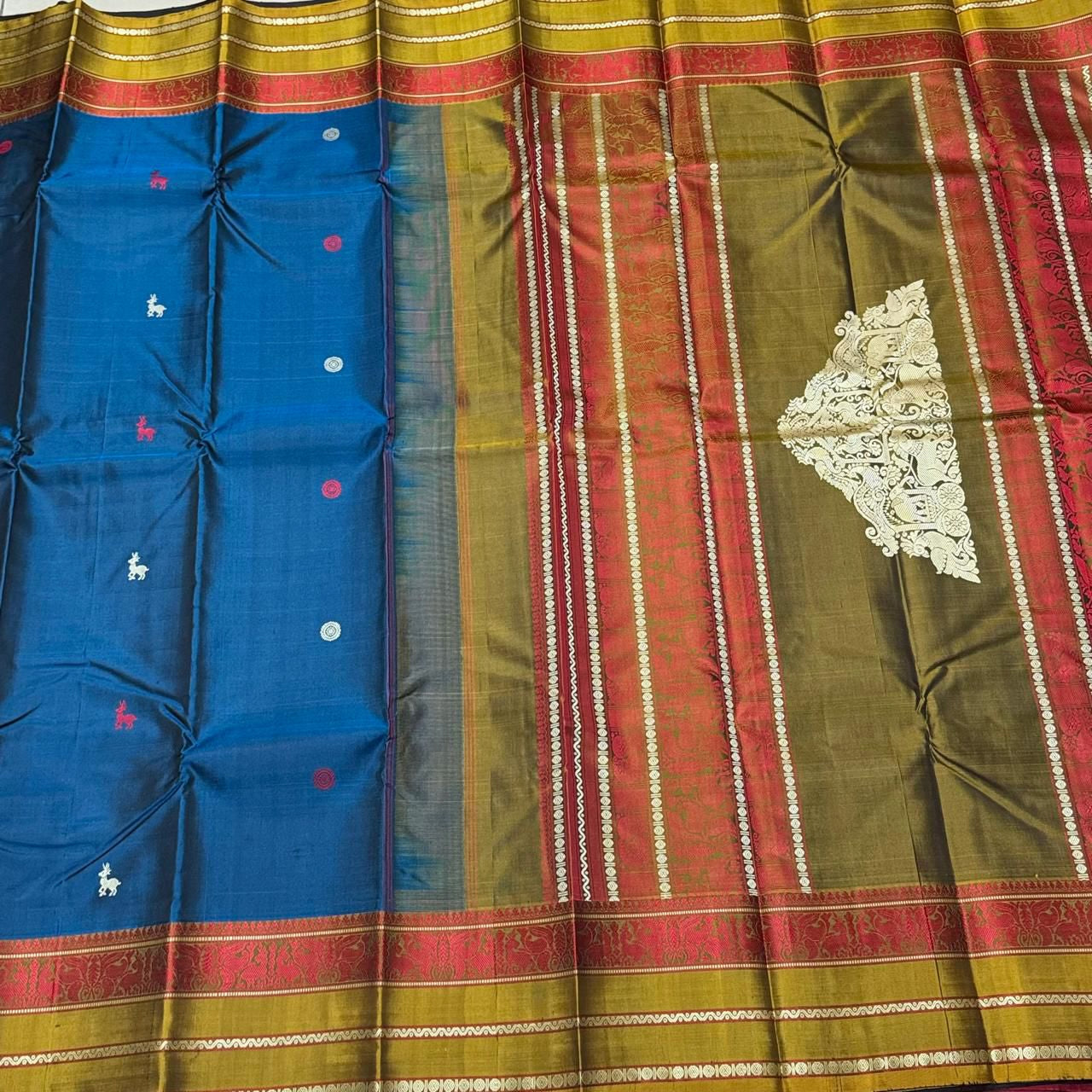 Peacock blue/mehendi mustard green sorgavasal pallu