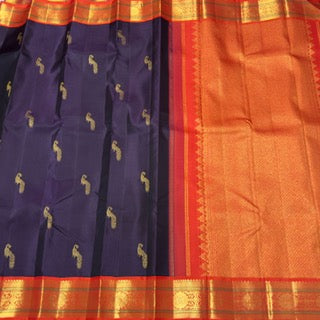 Dark coffee brown with orange peacock motiffs korvai