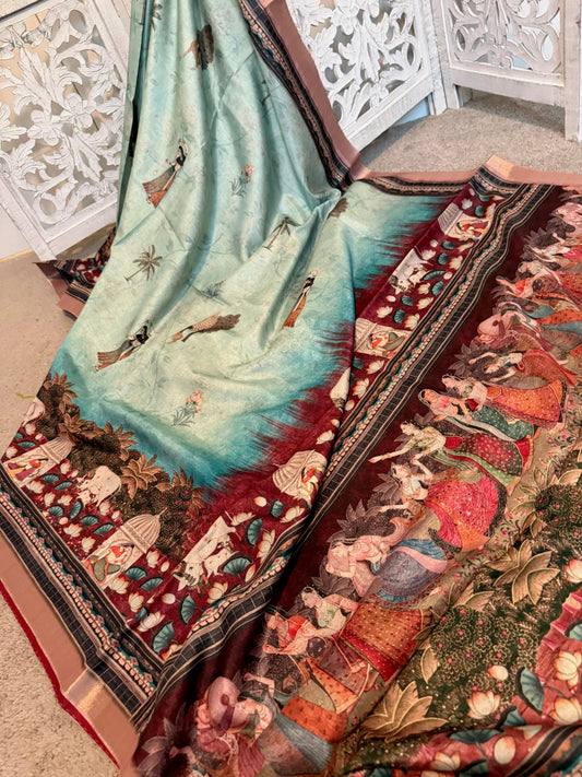 Sky blue matka Tussar pichwai prints