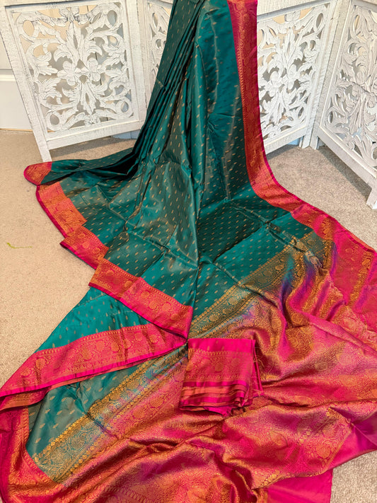 Peacock blue Emerald green dual tone / red Satin Benarasi