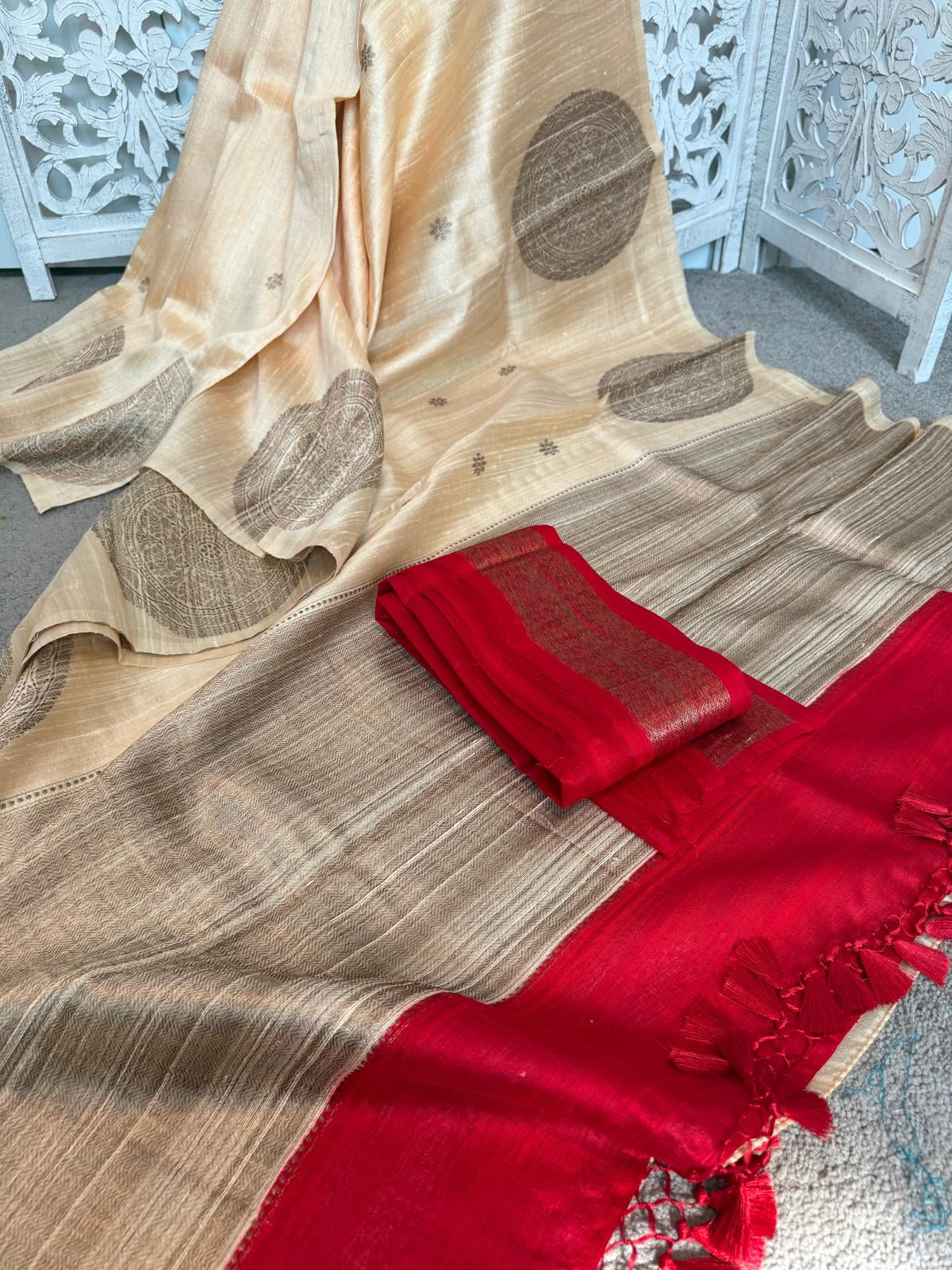 Off white / red kani prints on Dola silk