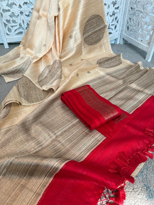Off white / red kani prints on Dola silk