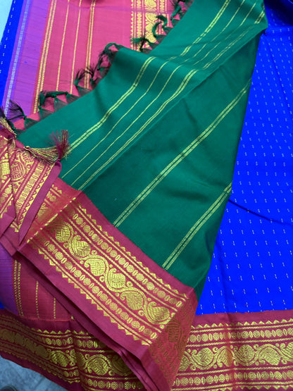 Karuneelam Red Green Ganga Jamuna plus thread buttas korvai