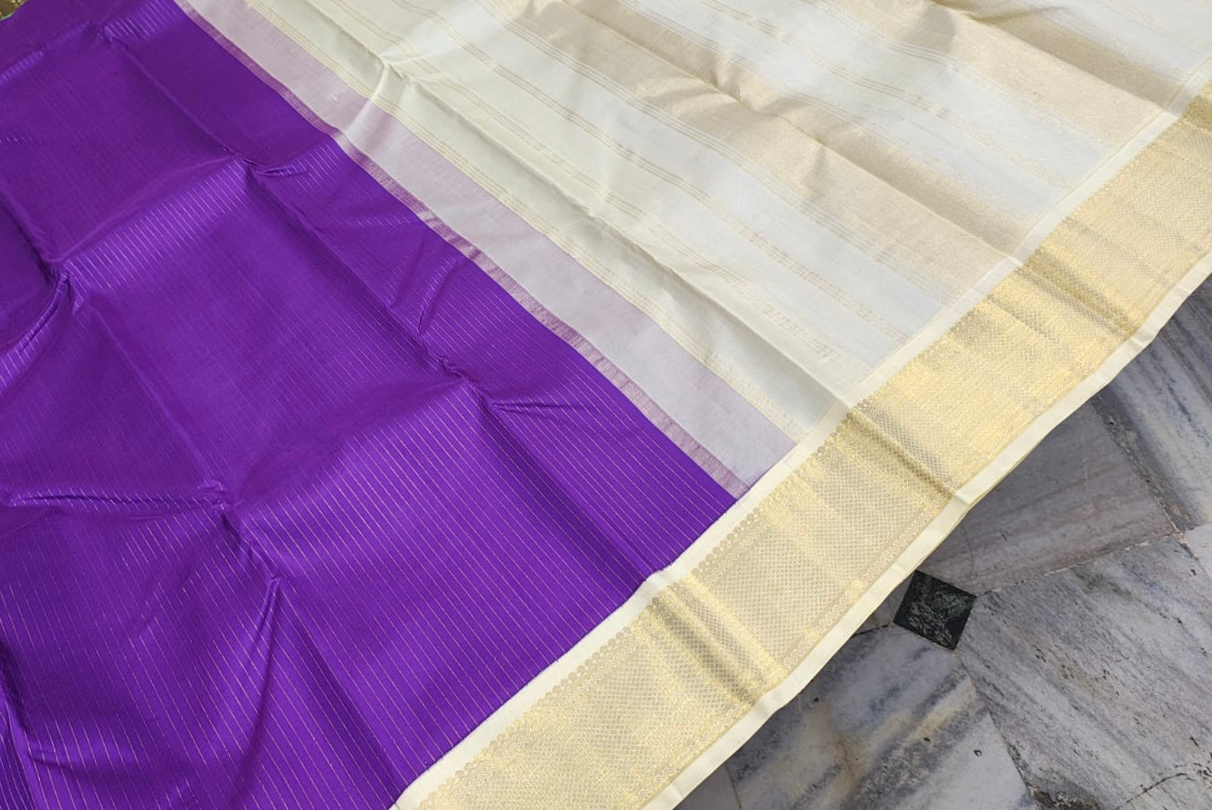 Deep magenta violet Ganga Jamuna korvaihorizontal Zari lines