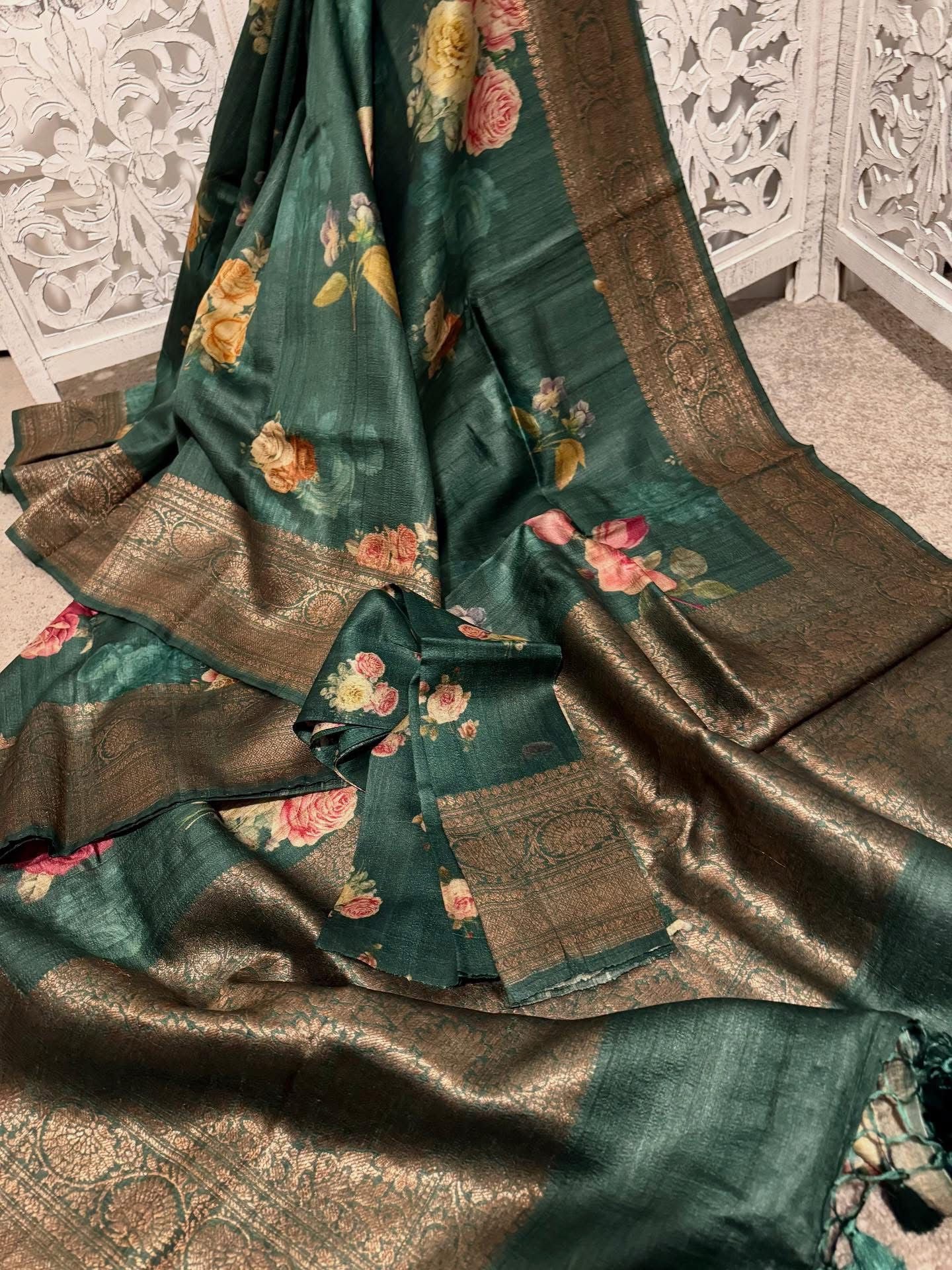 Emerald green floral tussar Benares