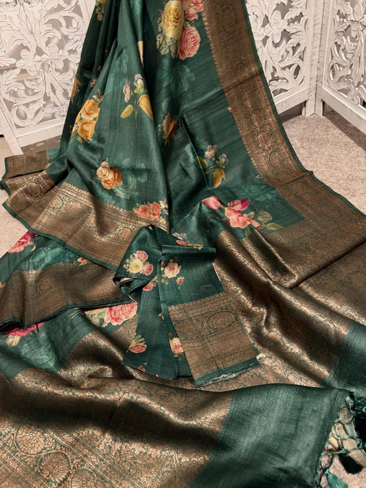 Emerald green floral tussar Benares