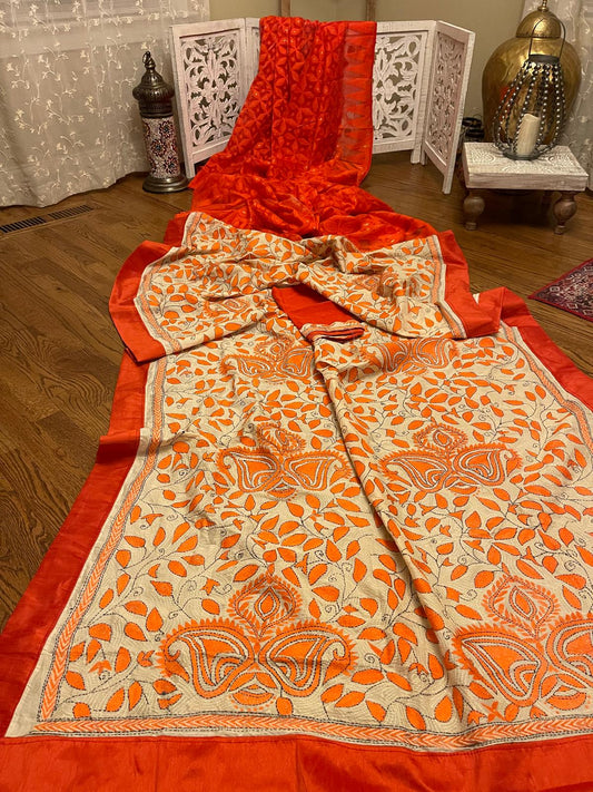 Jamkantha(Jamdhani & Kantha) - orange / beige