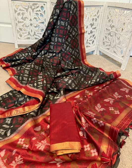 Matka Tussar Silk Woven Black / red