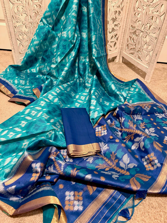 Matka Tussar silk Light blue with dark blue