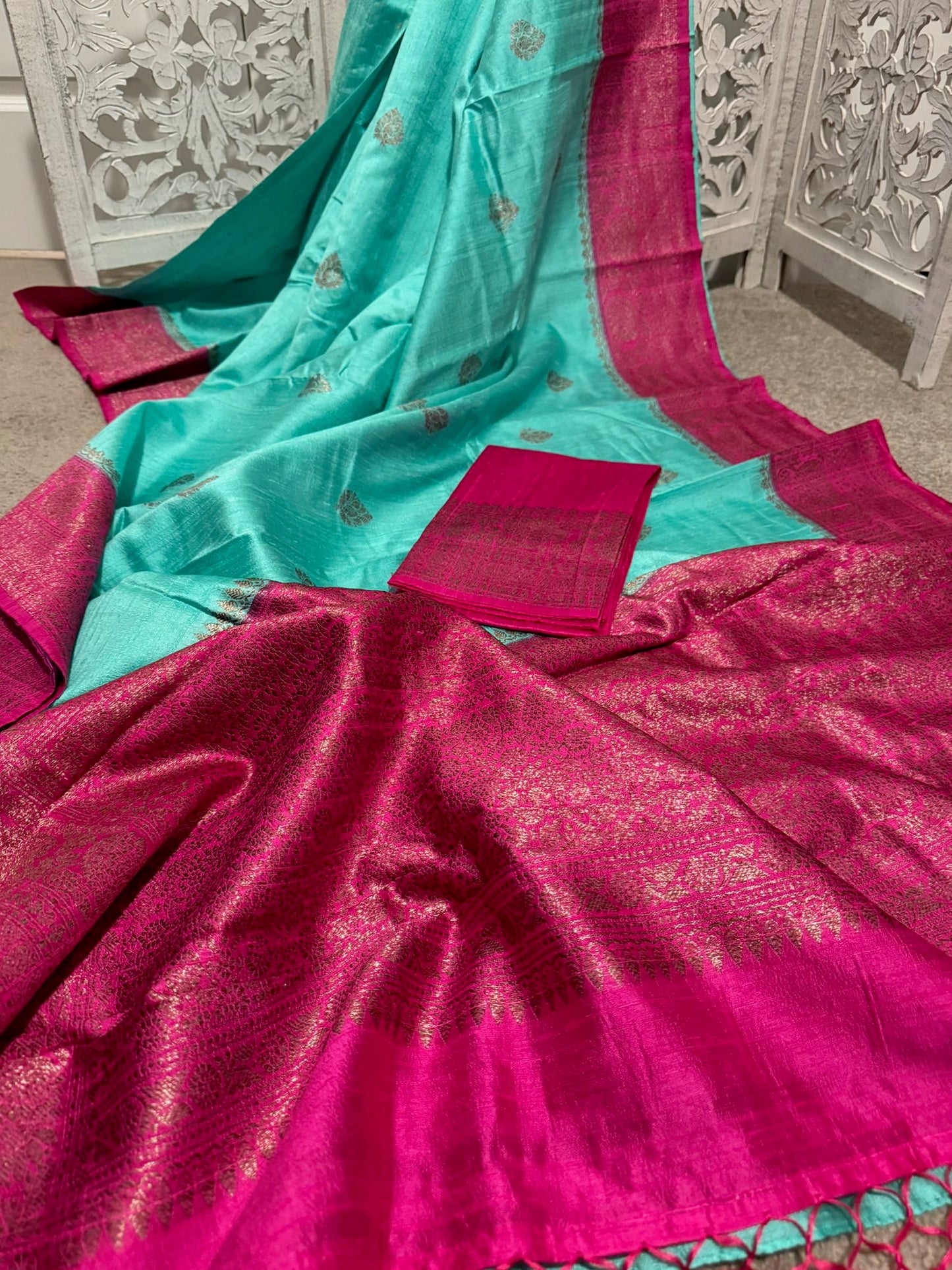 Seagreen / Pink Pure Silk Benares