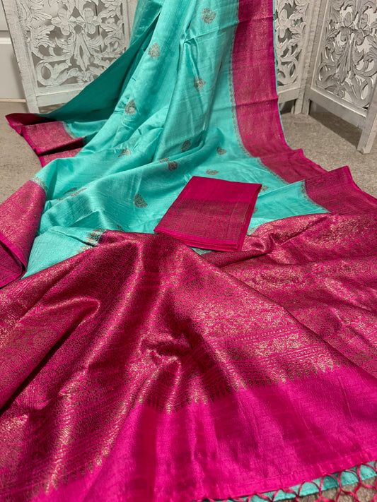 Seagreen / Pink Pure Silk Benares