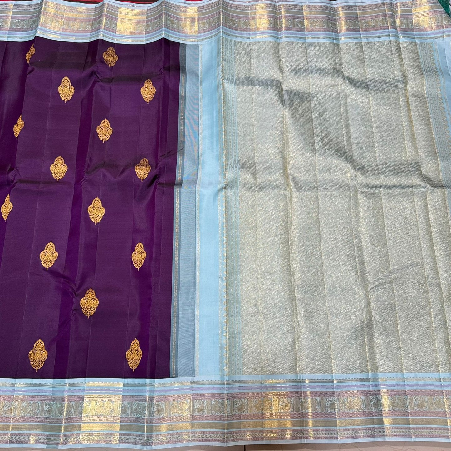 Purple with blue / green dual tone with buttas korvai
