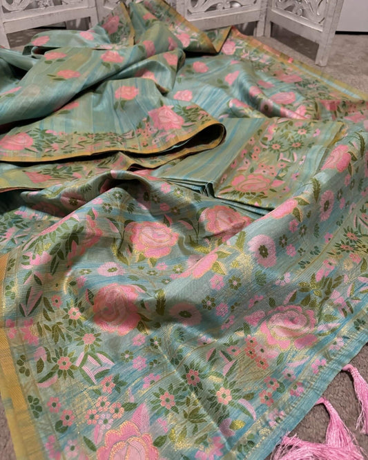 Parsi weaving on Chanderi Silk pale blue / pink