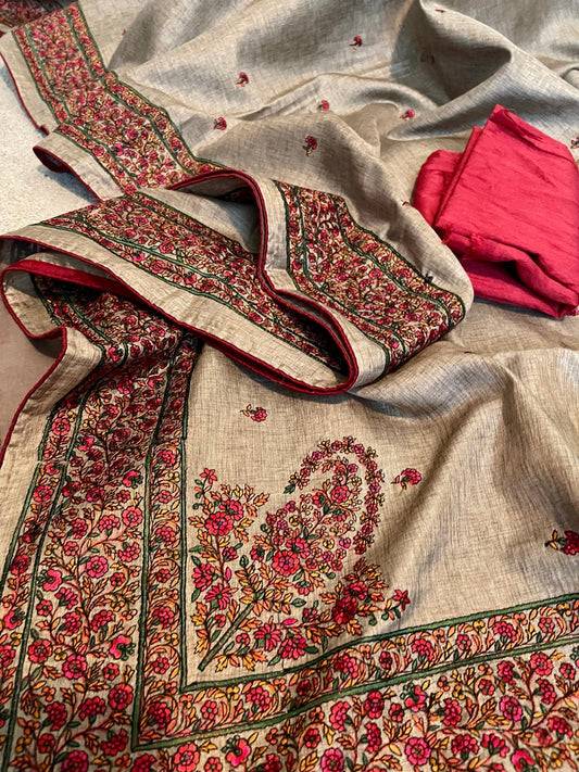 Kashmiri thread embroidery on soft tussar Grey