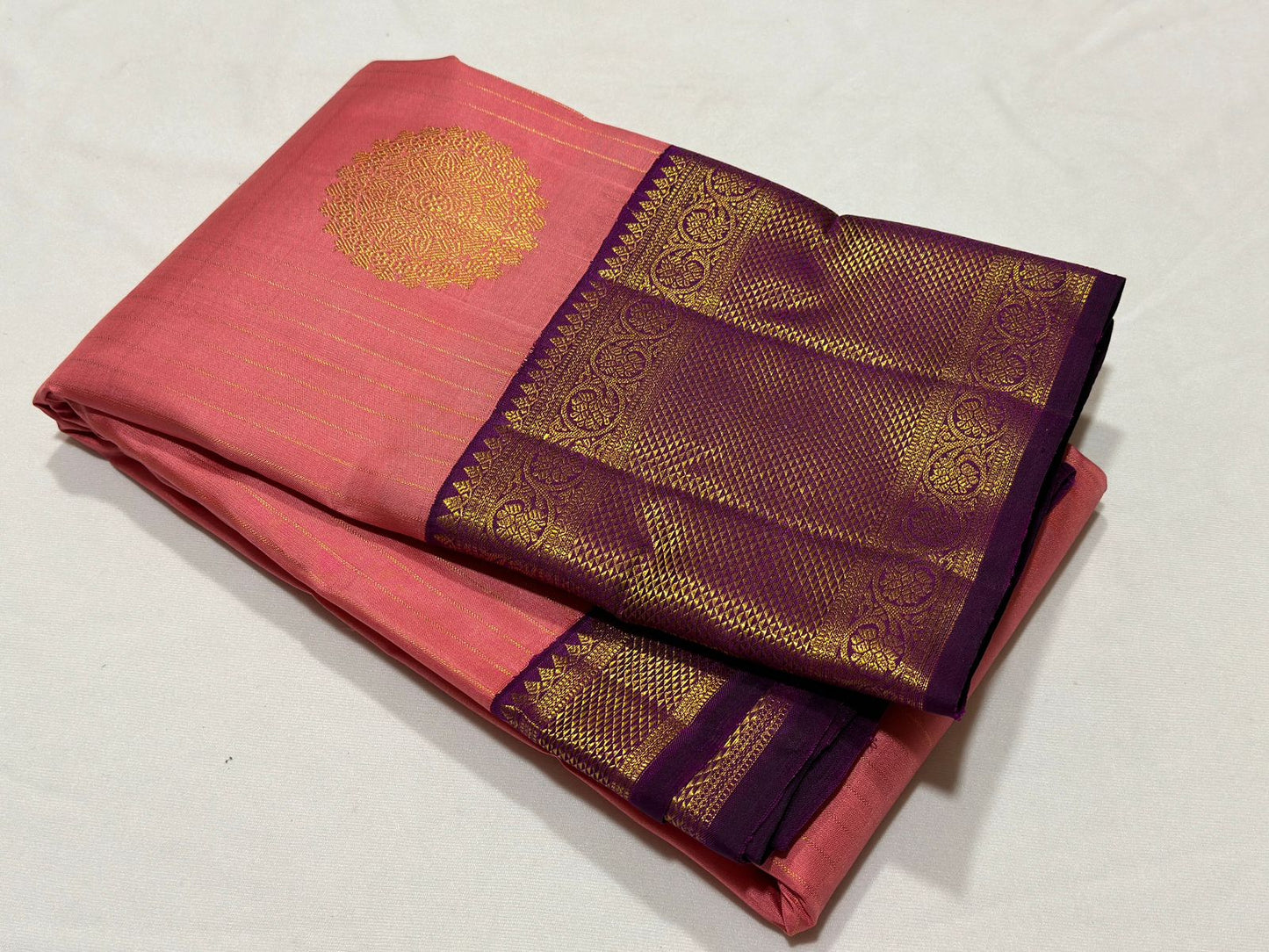 Peach with dark wine buttas & Jari stripes Korvai